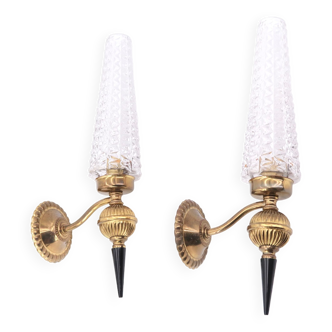 Pair of brass and glass sconces, 1950s