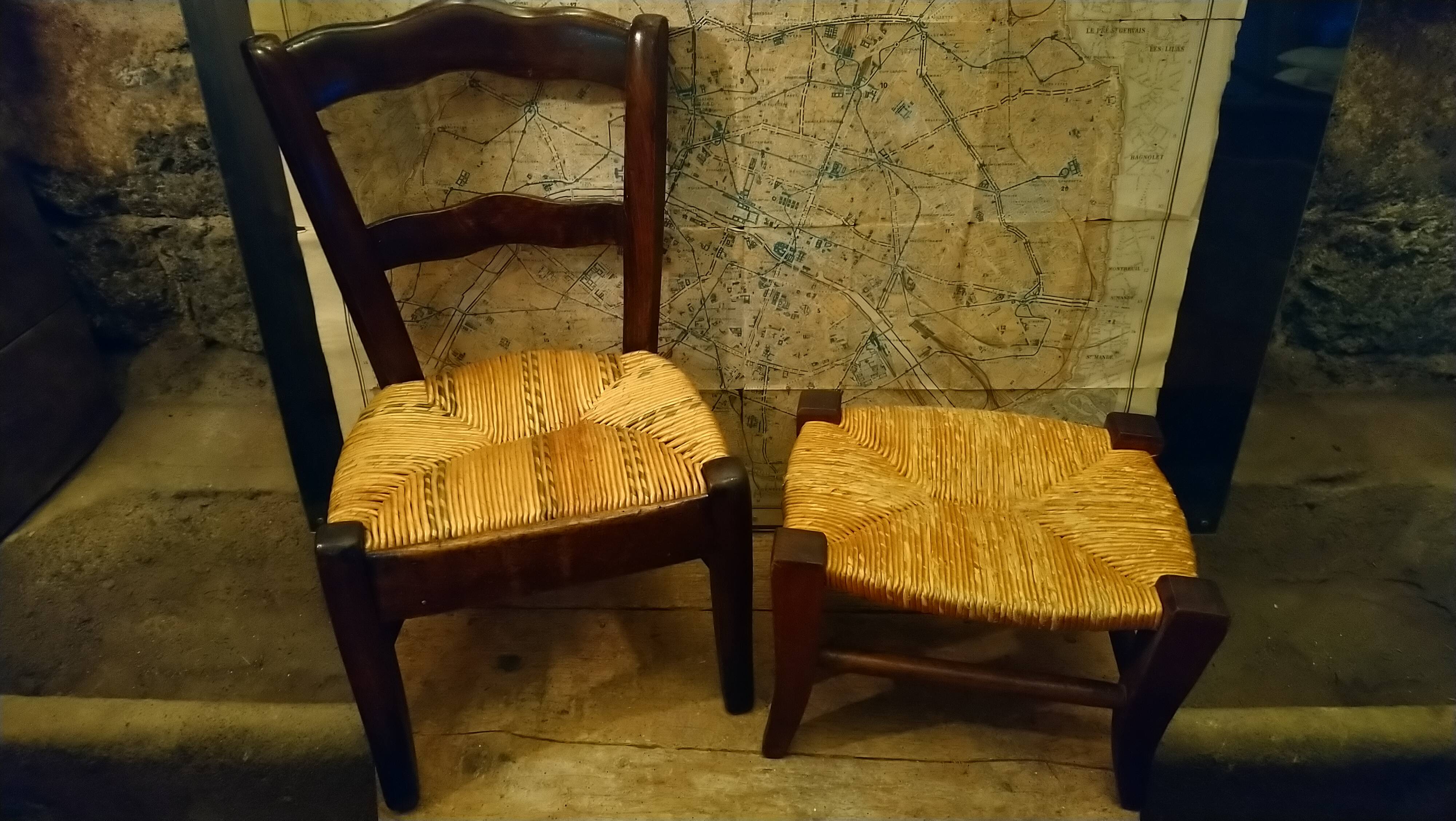 Children's straw chair and oak stool