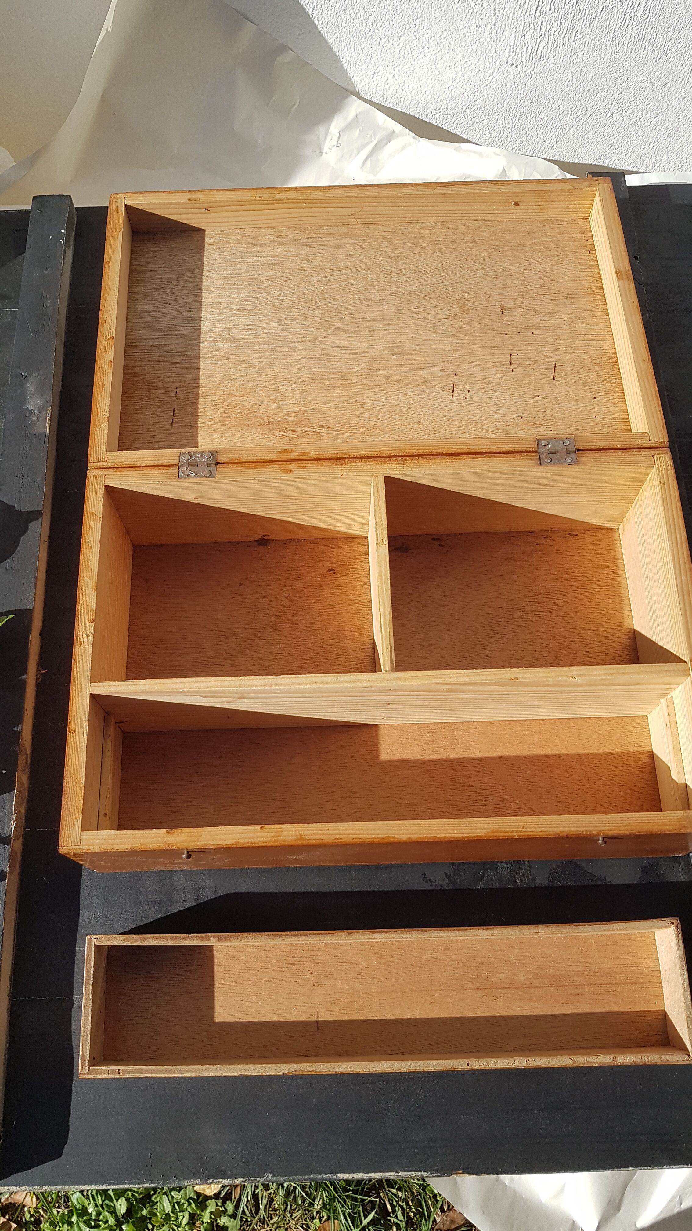 Old wooden sewing box with removable compartment