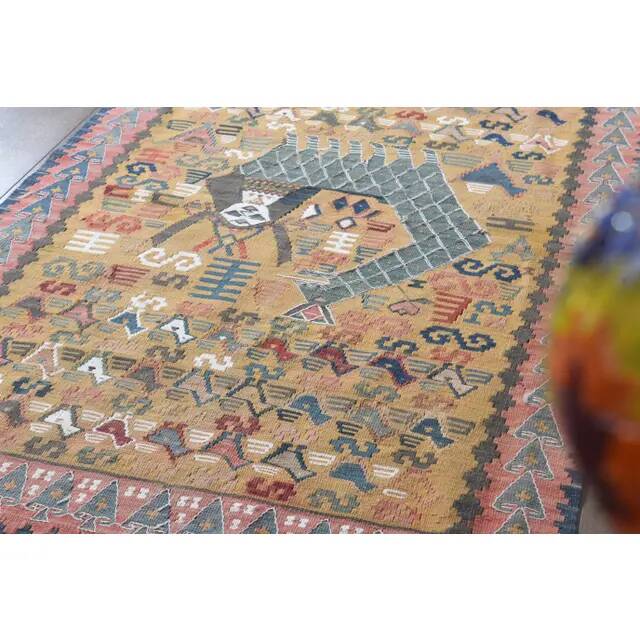 Shahmaran Motif Vintage Turkish Handmade Orange Kilim Rug  94x146