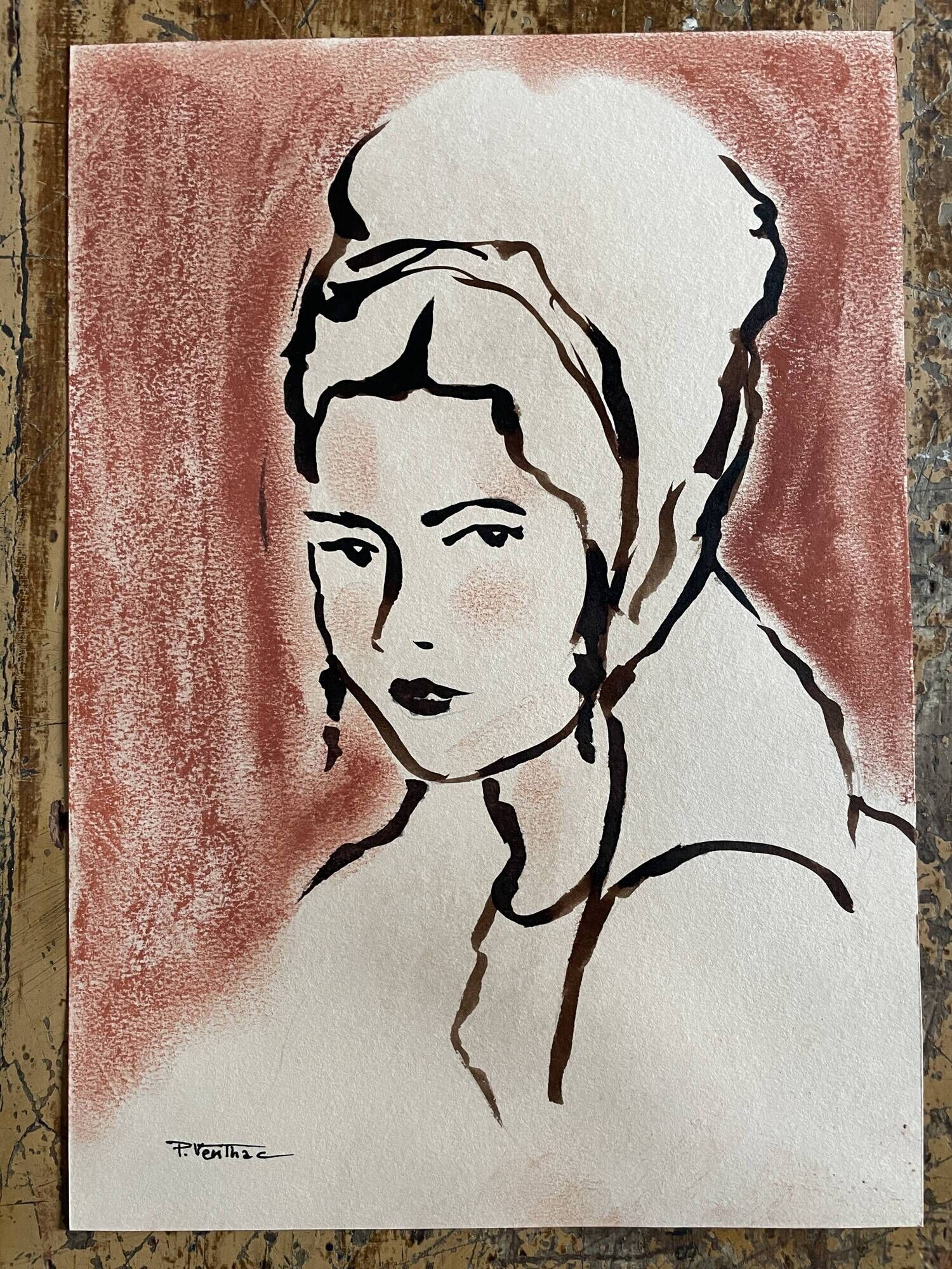 Signed painting pastel and Indian ink female portrait “study with headdress”