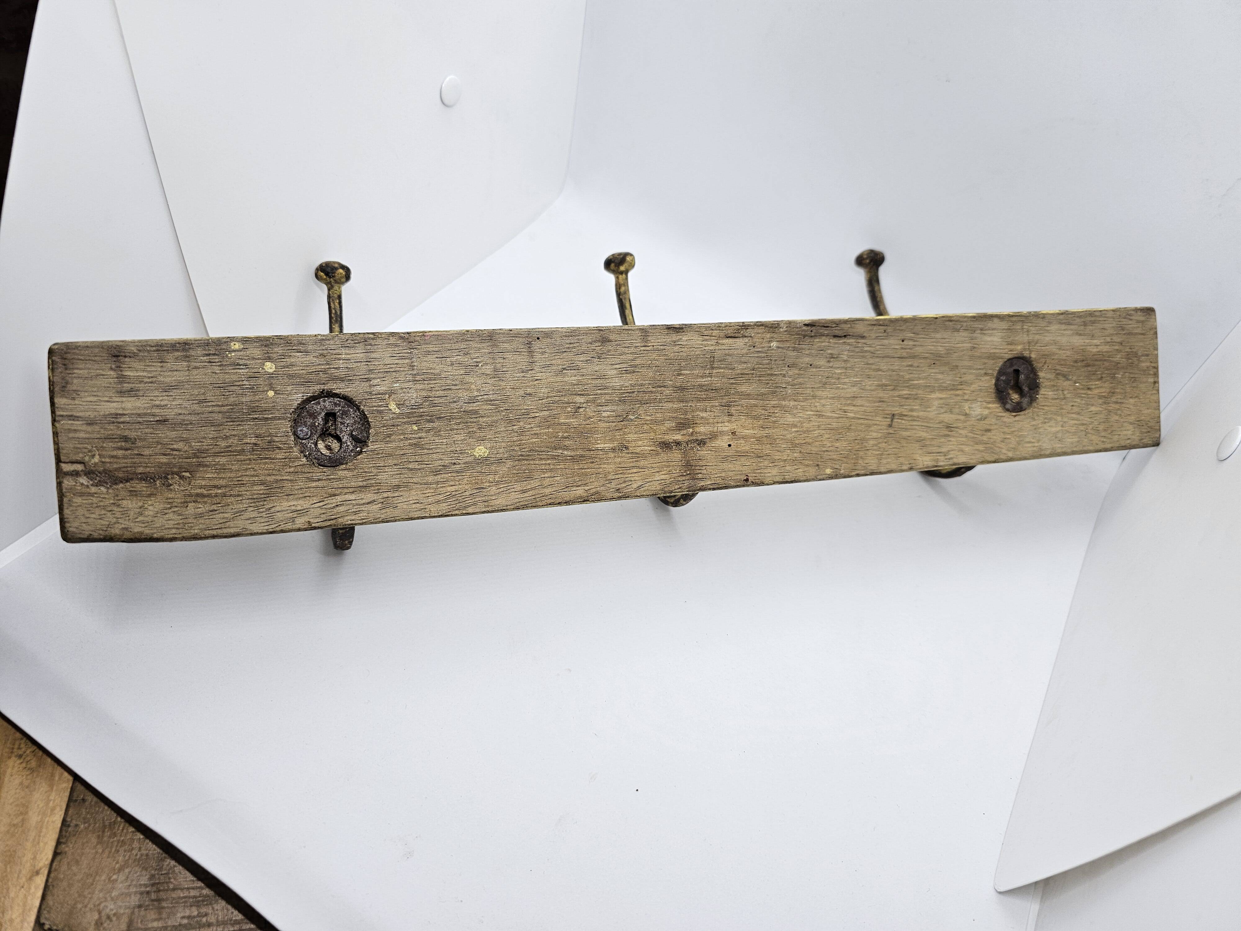 Solid teak coat hook with 3 double cast iron hooks