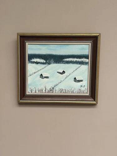 Swedish Oil on Canvas “Houses in the snow” by Nik 79 Vintage & Framed 35x30cm