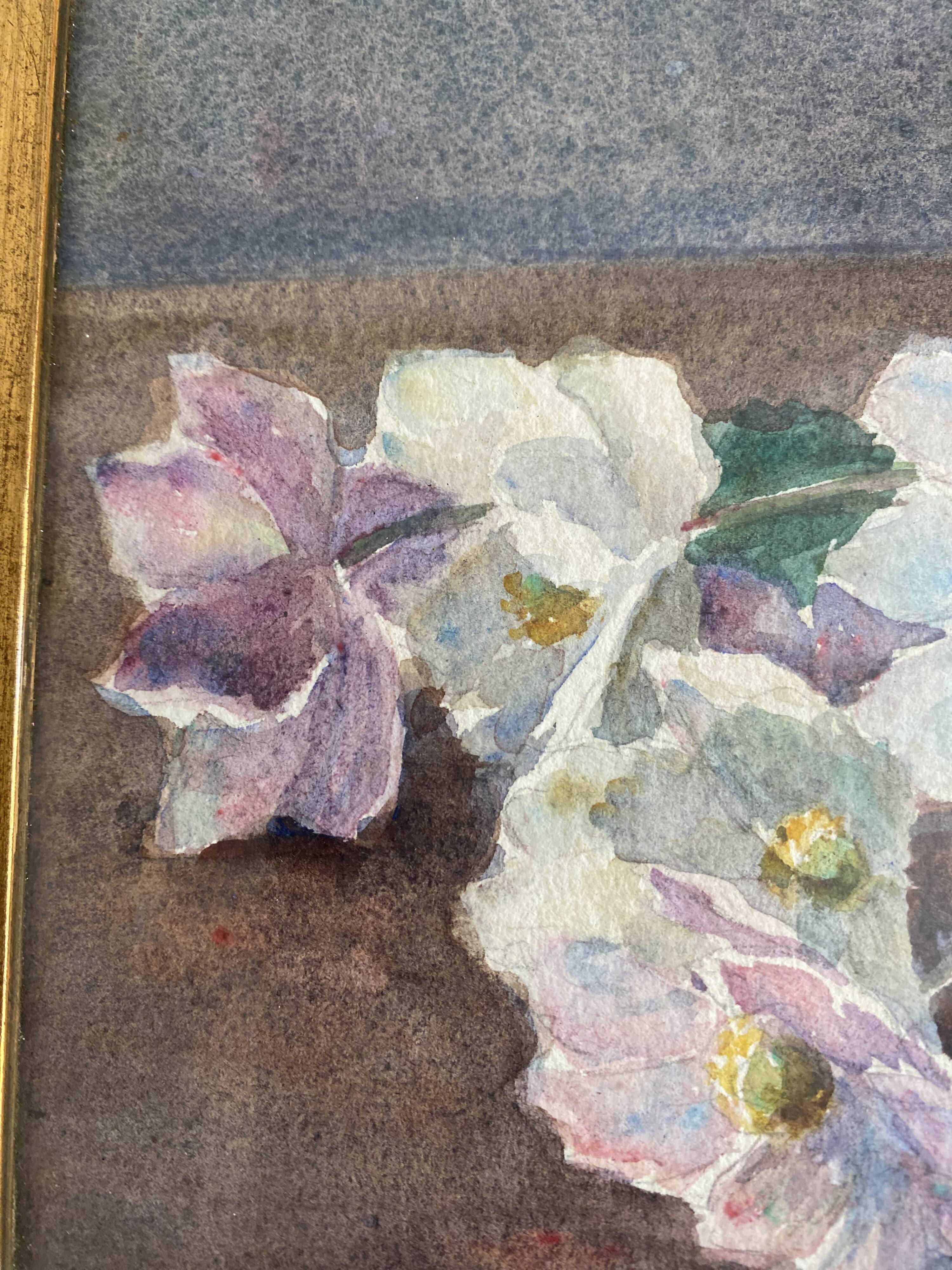 Aquarelle fleurs d'hellébores encadrée G. Mocquart