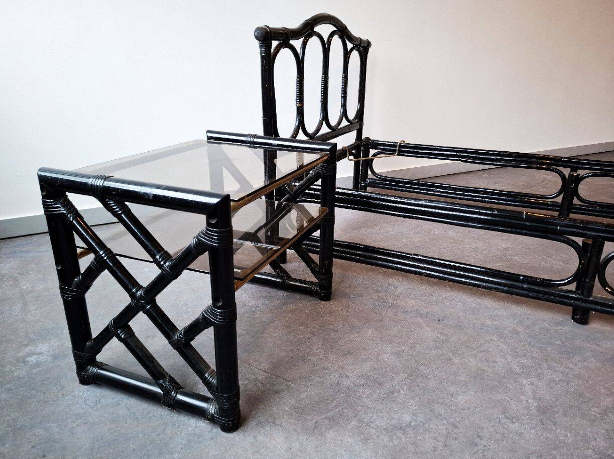 Bamboo and rattan bed and bedside table set, Italian design, 1970s.