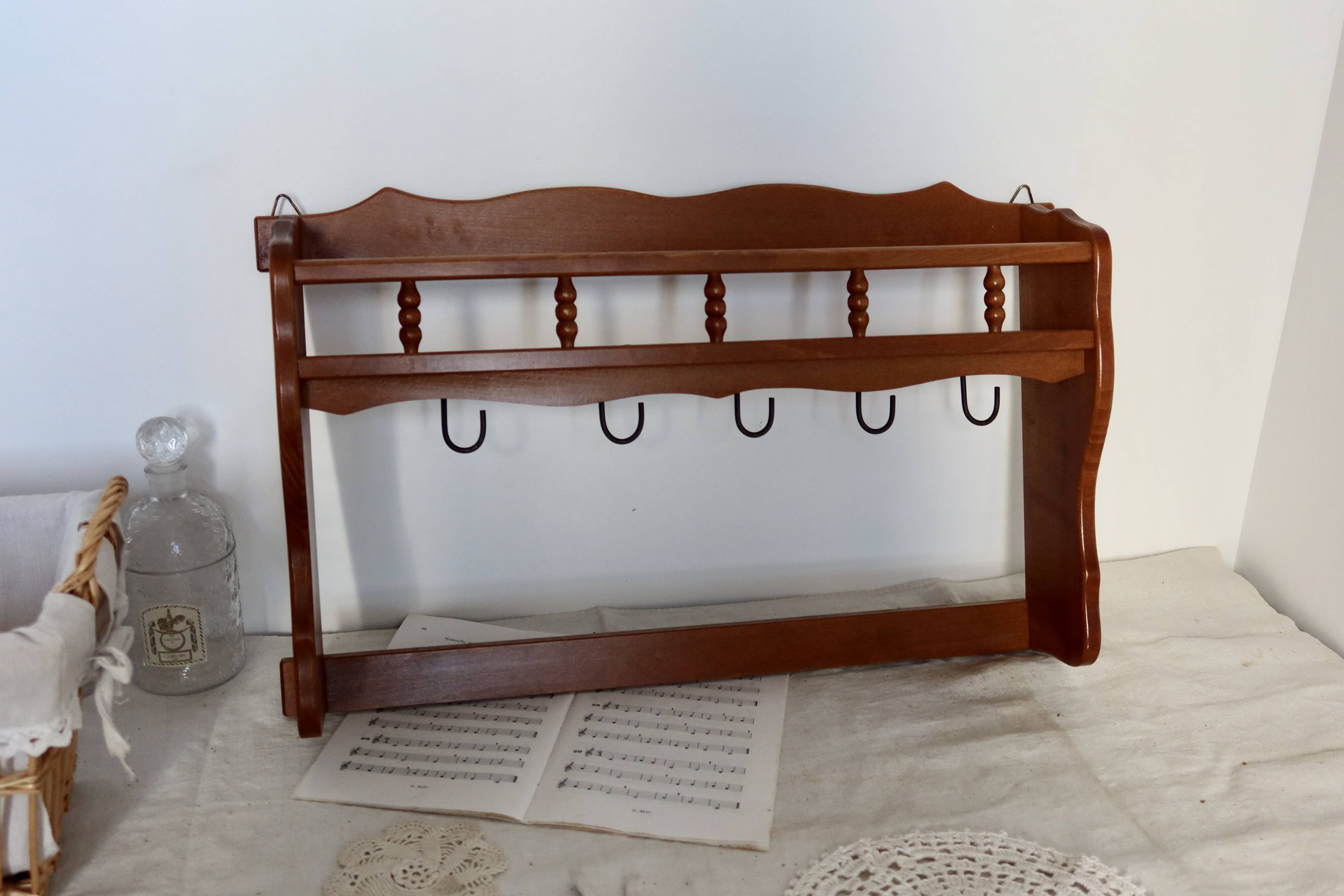 Vintage wooden wall shelf and hooks