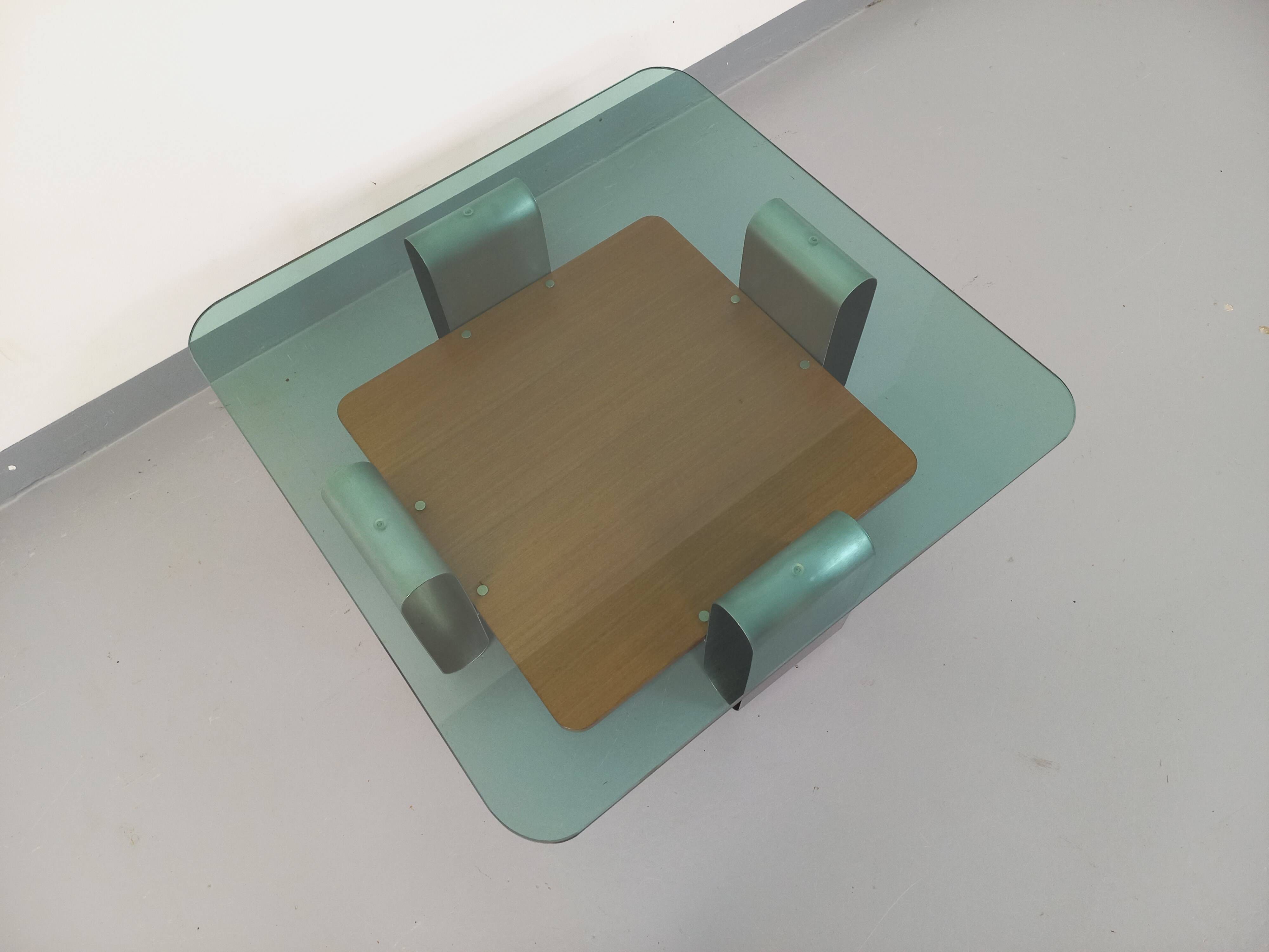 Square coffee table with 2 trays, vintage Space Age style from the 70s, in bluish smoked glass, teak