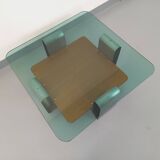 Square coffee table with 2 trays, vintage Space Age style from the 70s, in bluish smoked glass, teak