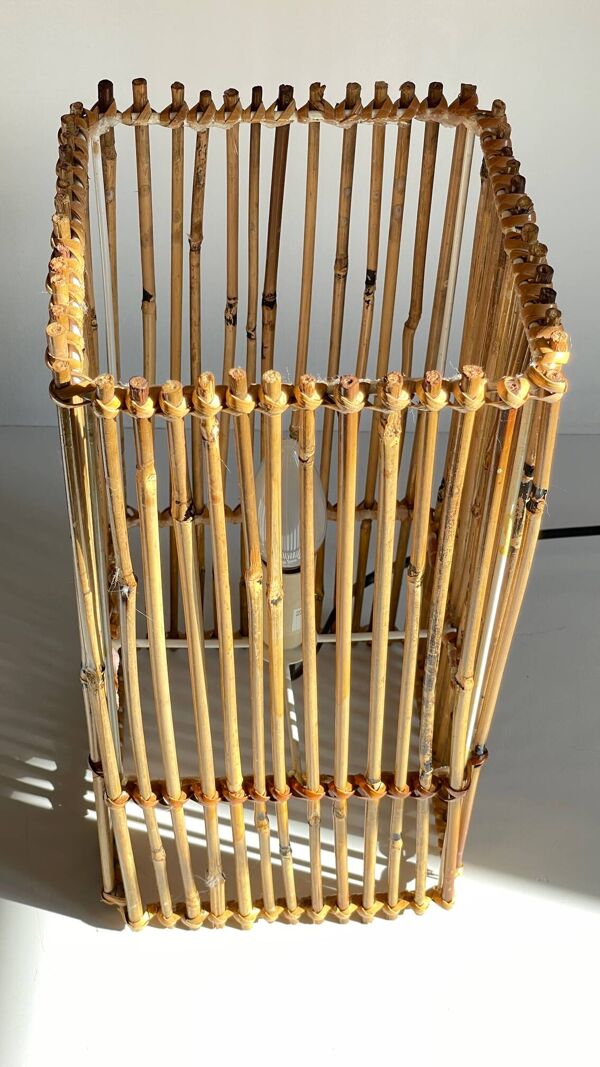 Lampe cube bois et osier vintage