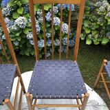 4 vintage Roche Bobois chairs from the 80s in beech with woven seats in blue fabric.