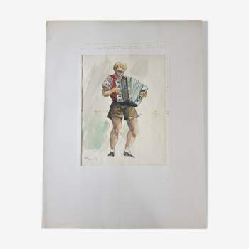 André Duculty (1912-1990) Watercolor on paper "The German accordionist" Signed lower left