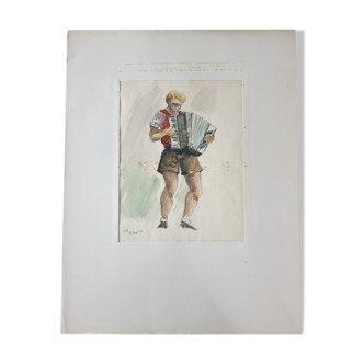 Aquarelle sur papier "L'accordéoniste allemand" Signée en bas à gauche, André Duculty (1912-1990)