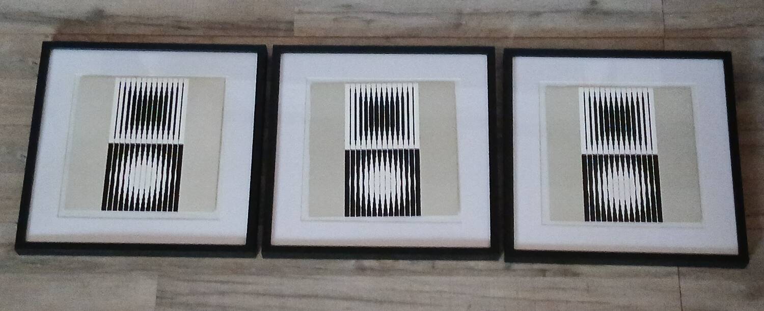 Trio Vintage Optical Art Tableaux - Victor Vasarely - Frames 40x40cm.