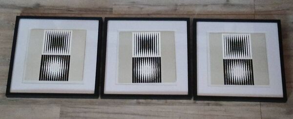 Trio Tableaux Vintage Art Optique - Victor Vasarely - Cadres 40x40cm.