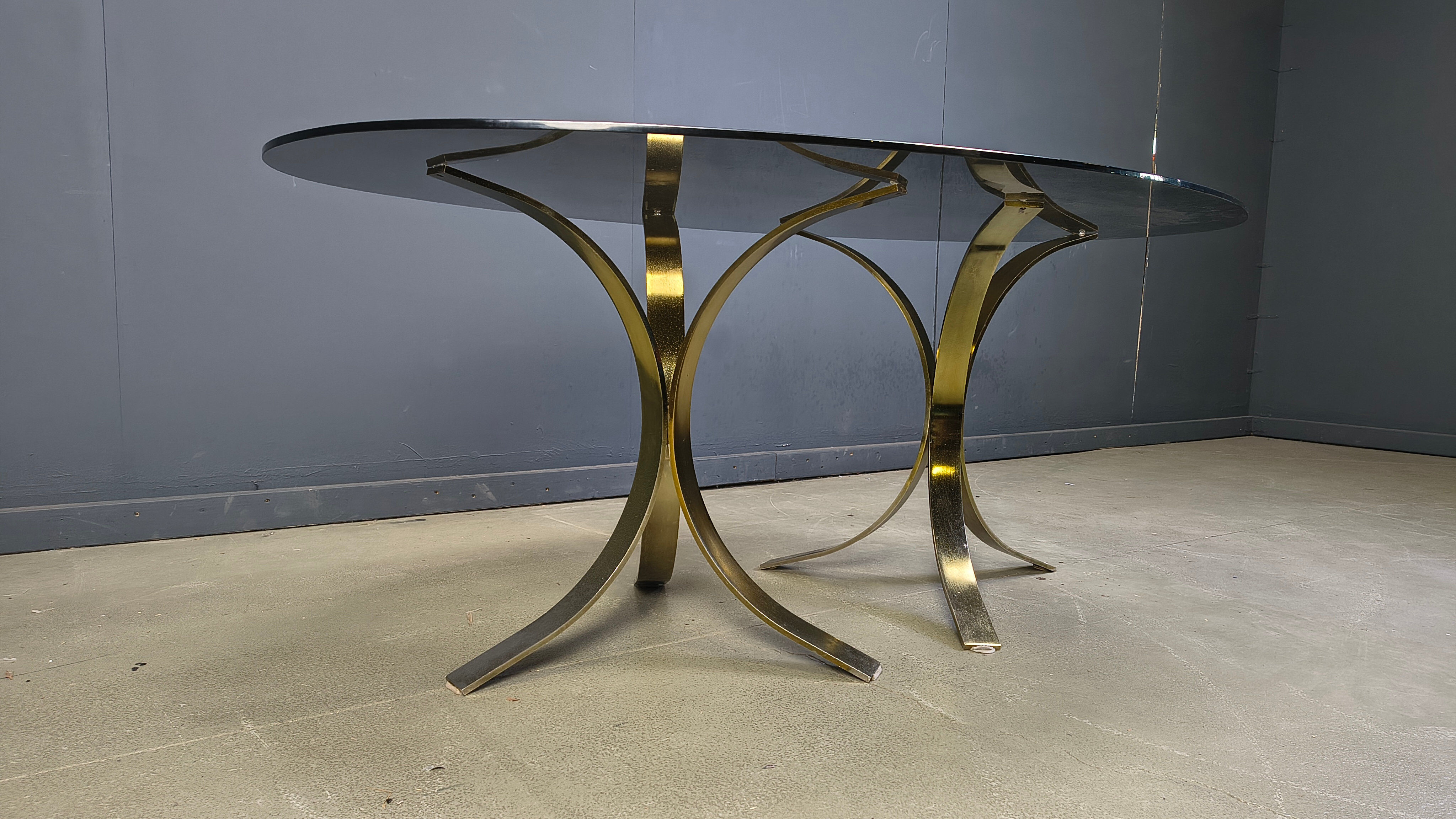 Vintage brass oval glass dining table, 1970s