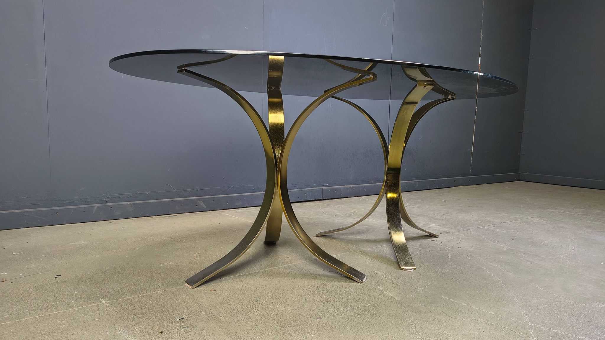 Vintage brass oval glass dining table, 1970s