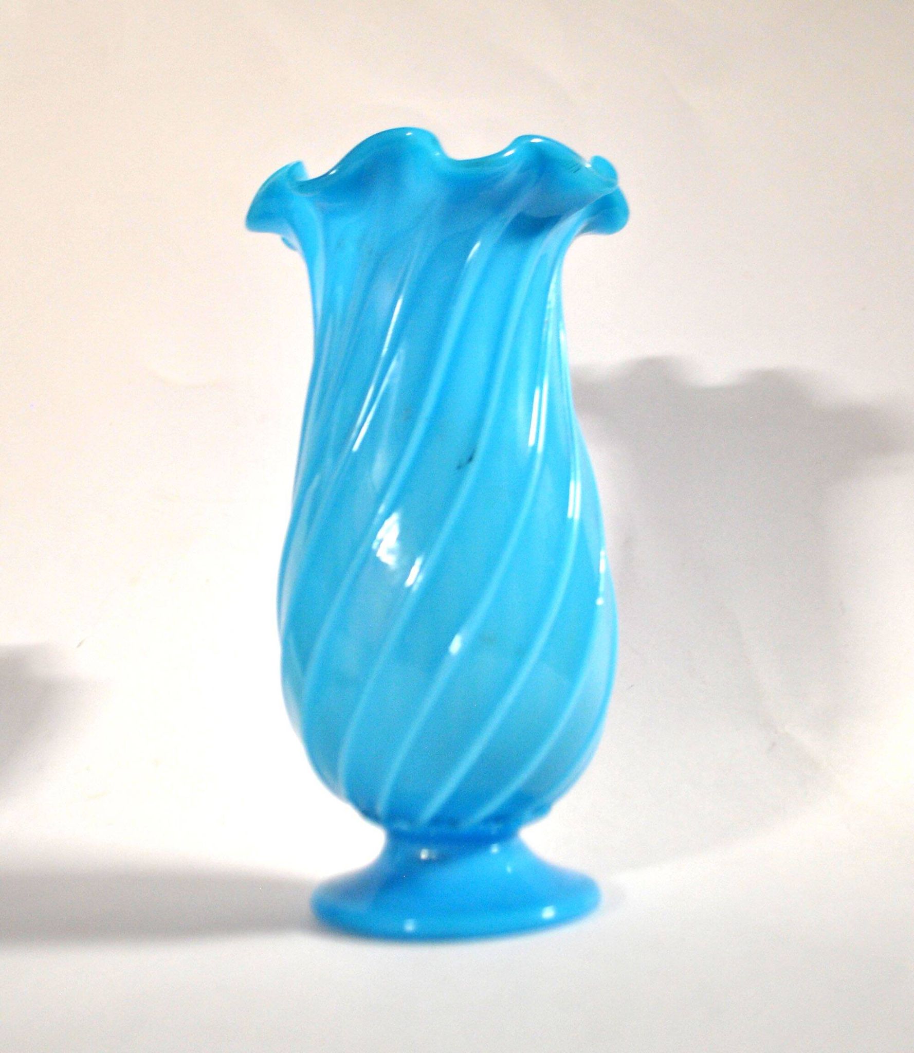 Vallerysthal antique vase in blown turquoise opaline with twisted ribs.