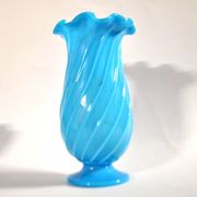 Vallerysthal antique vase in blown turquoise opaline with twisted ribs.