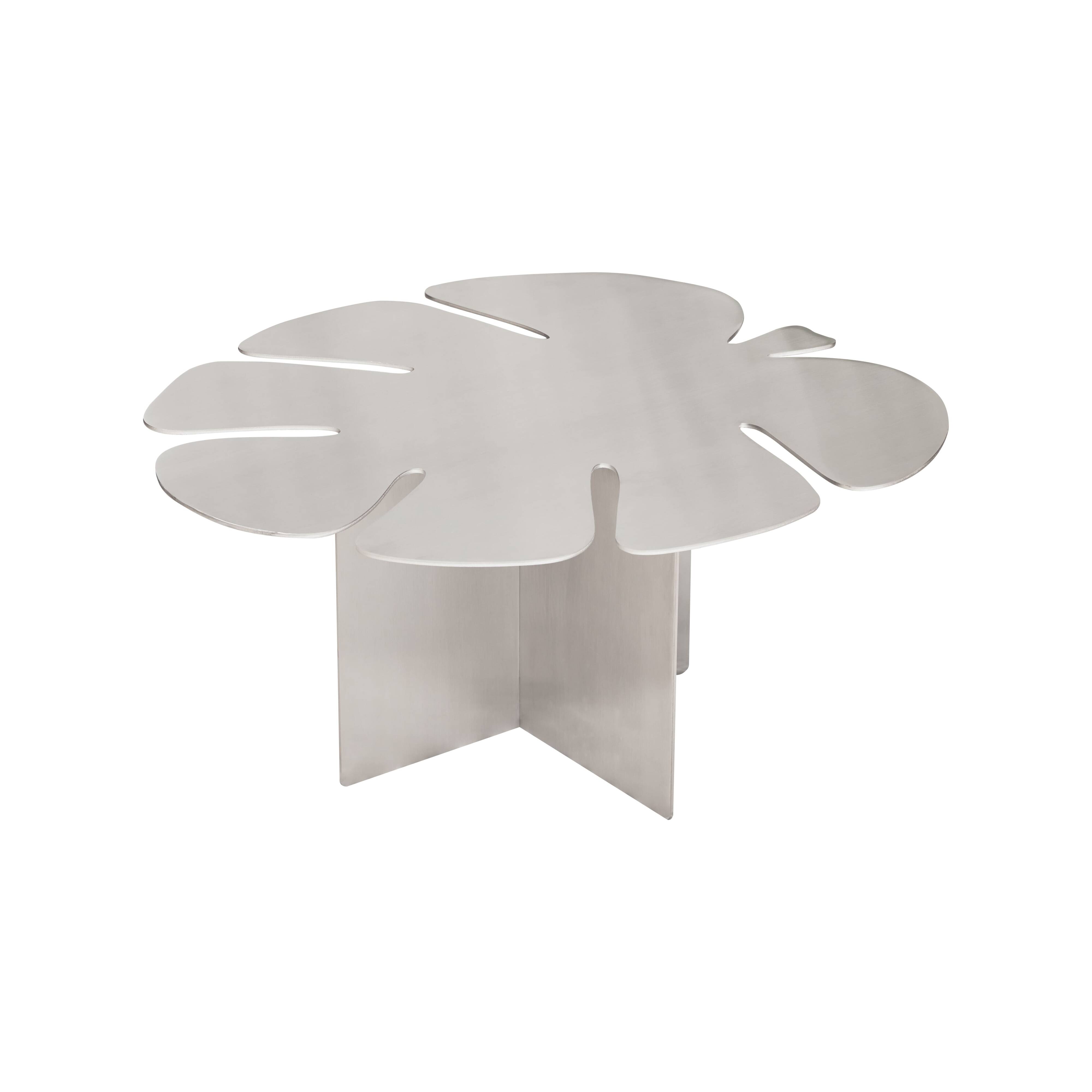 Table basse feuille Monstera – Acier inox brossé – Design sculptural
