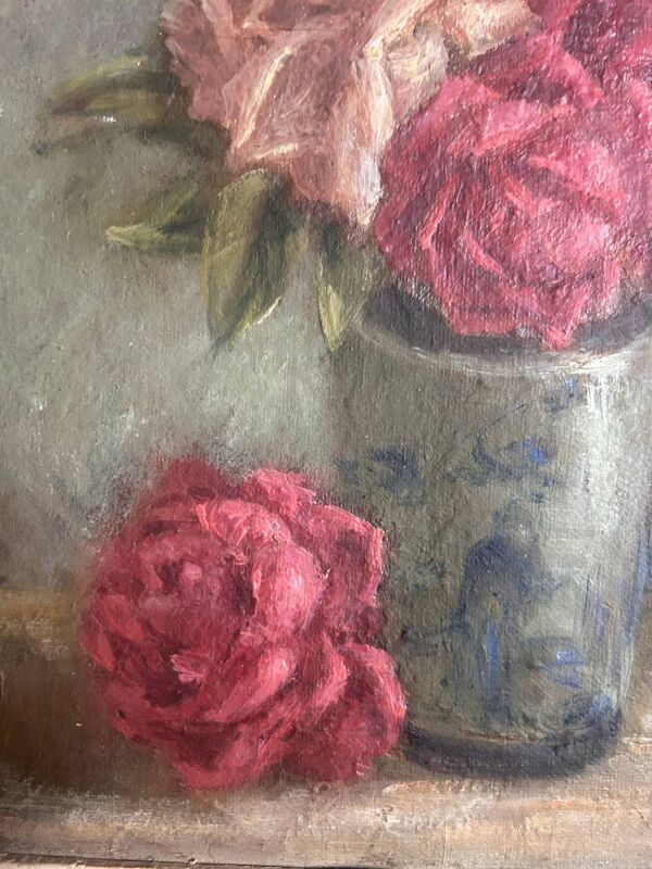 Tableau ancien Bouquet de roses ancien peinture à Huile , vers 1900 po