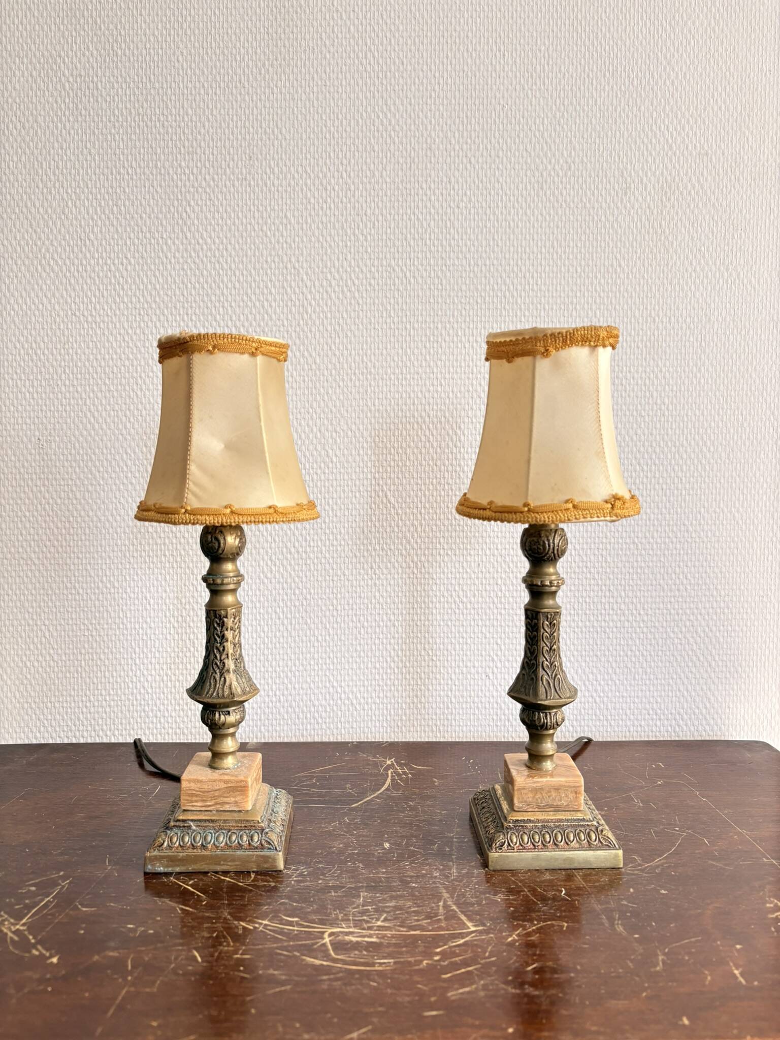 Antique Pair Table Lamps Candle Holders Neo-Classical Louis XVI Gilded Brass Year