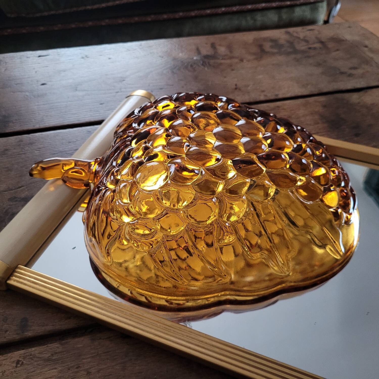 Vintage molded amber glass bowl – leaf and grape motif – years