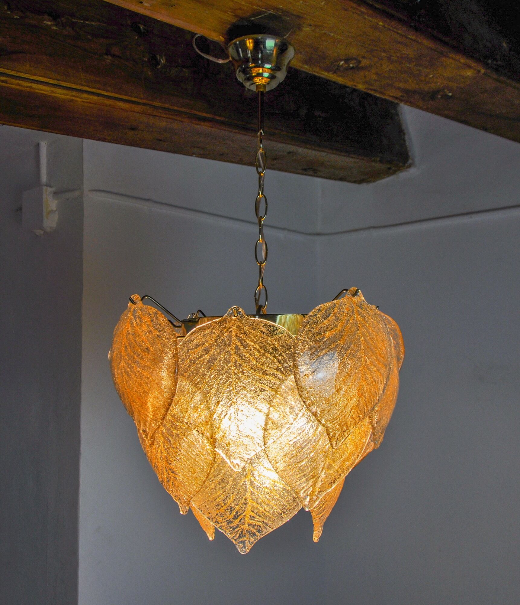 Chandelier leaves Murano Mazzega, gilded frosted glass, italy 1970