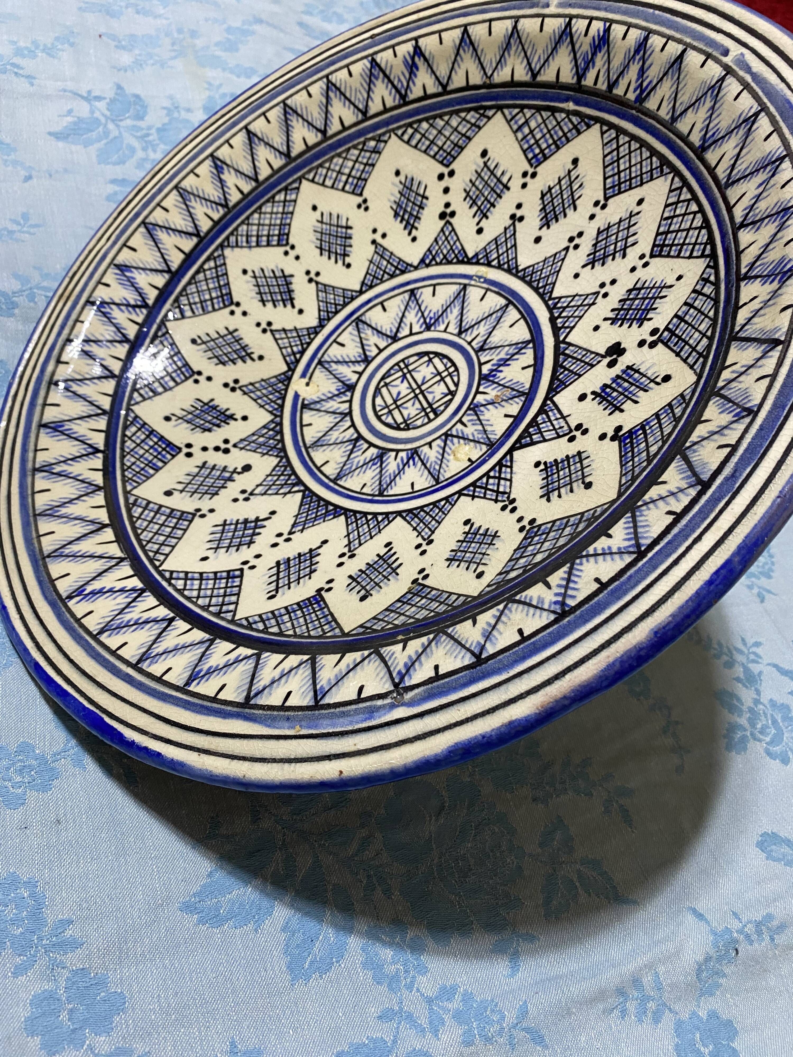 Moroccan dish in handcrafted sculpted ceramic, blue geometric patterns and