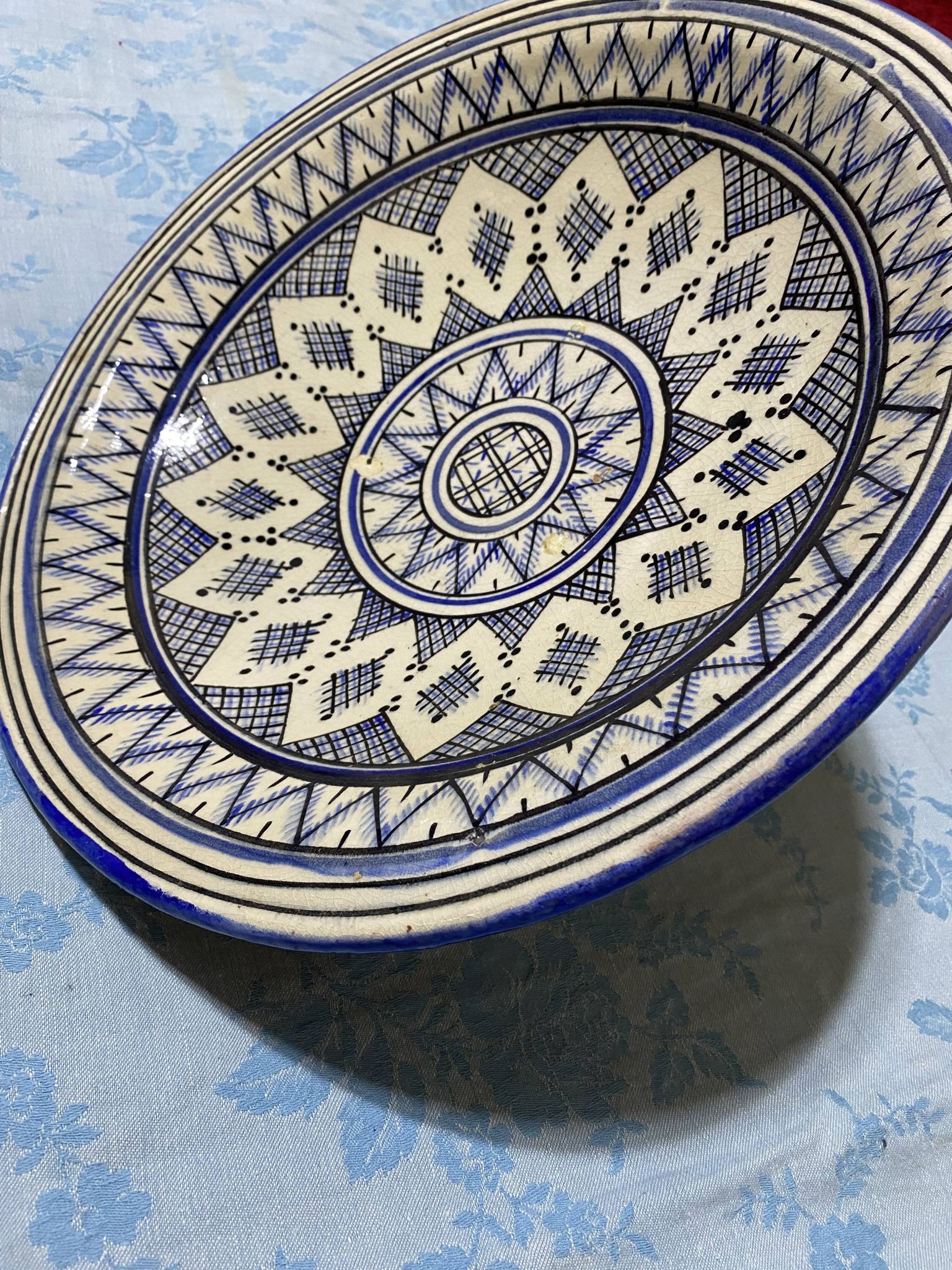 Moroccan dish in handcrafted sculpted ceramic, blue geometric patterns and