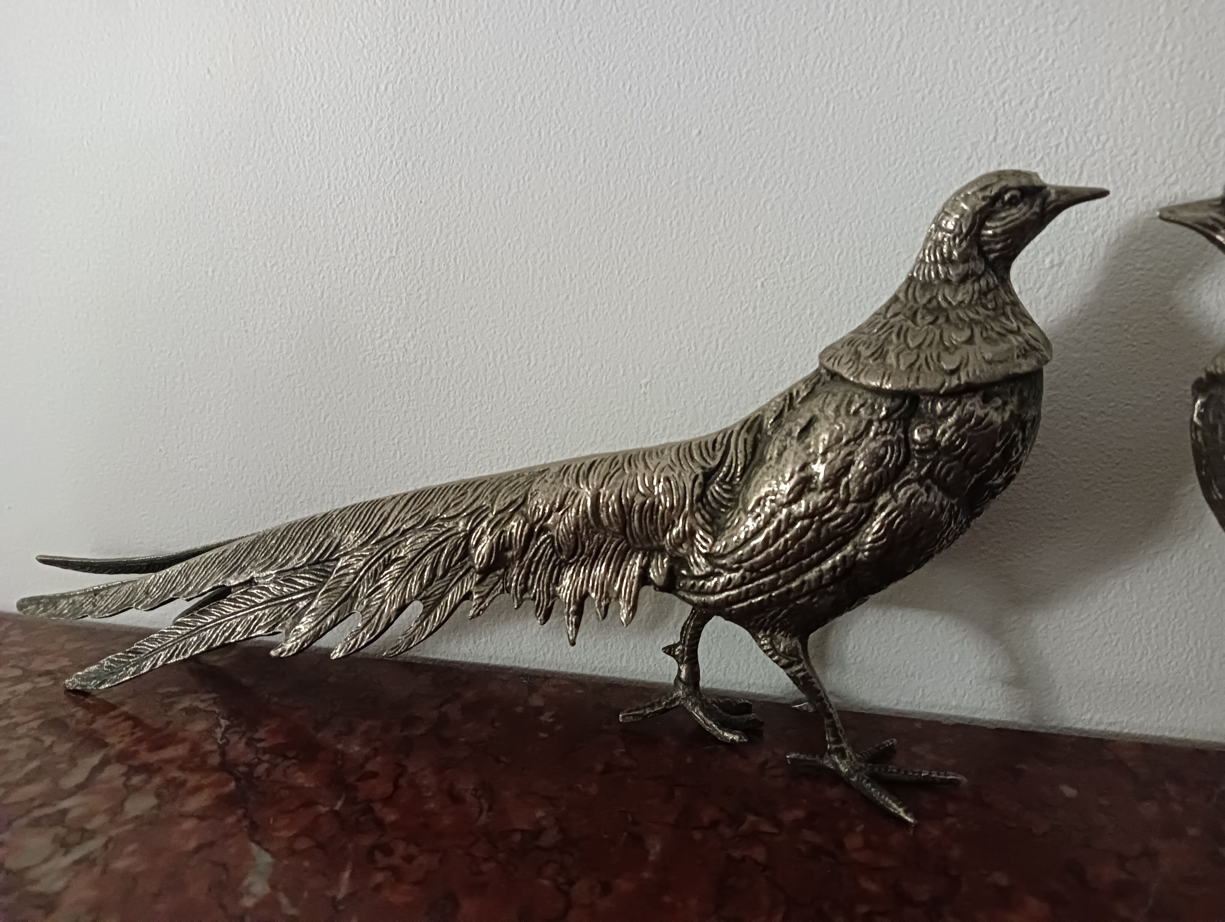 Pair of pheasants in silver metal, 1970