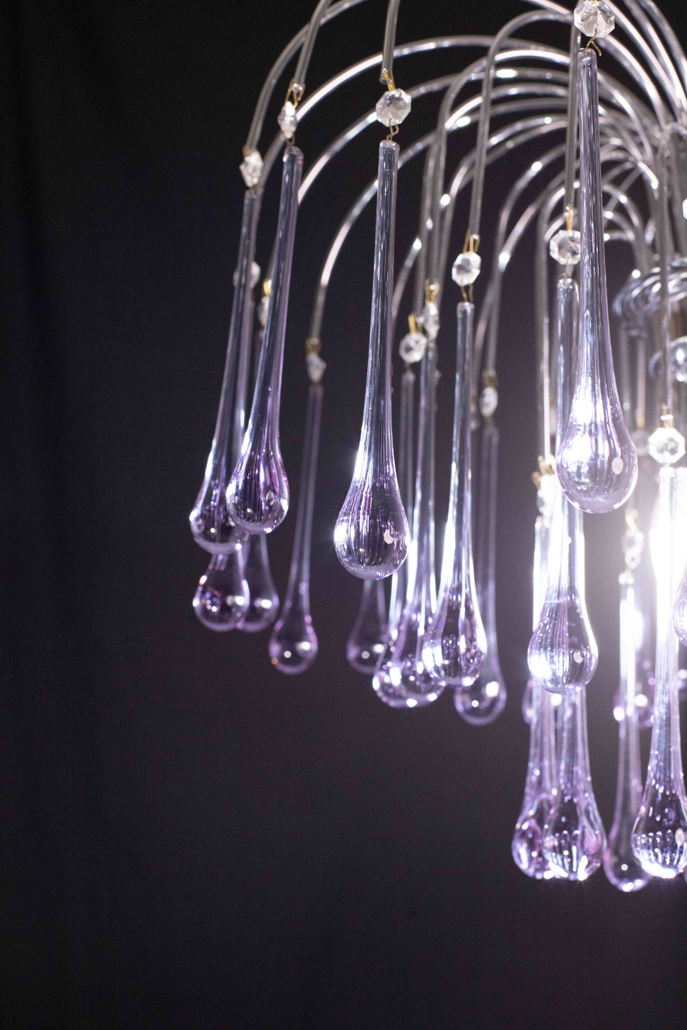 The Purple Crown, LArge Size Murano Chandelier Purple and Crystal Drops, 19