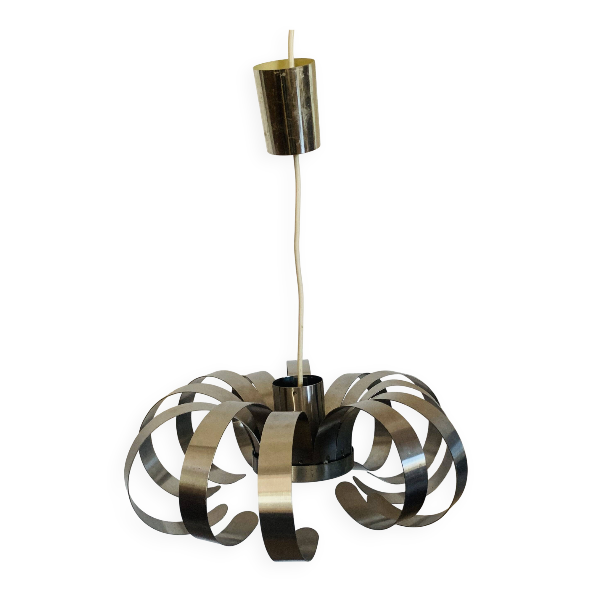 Suspension vintage fleur en rubans d’inox – Space Age années 1970