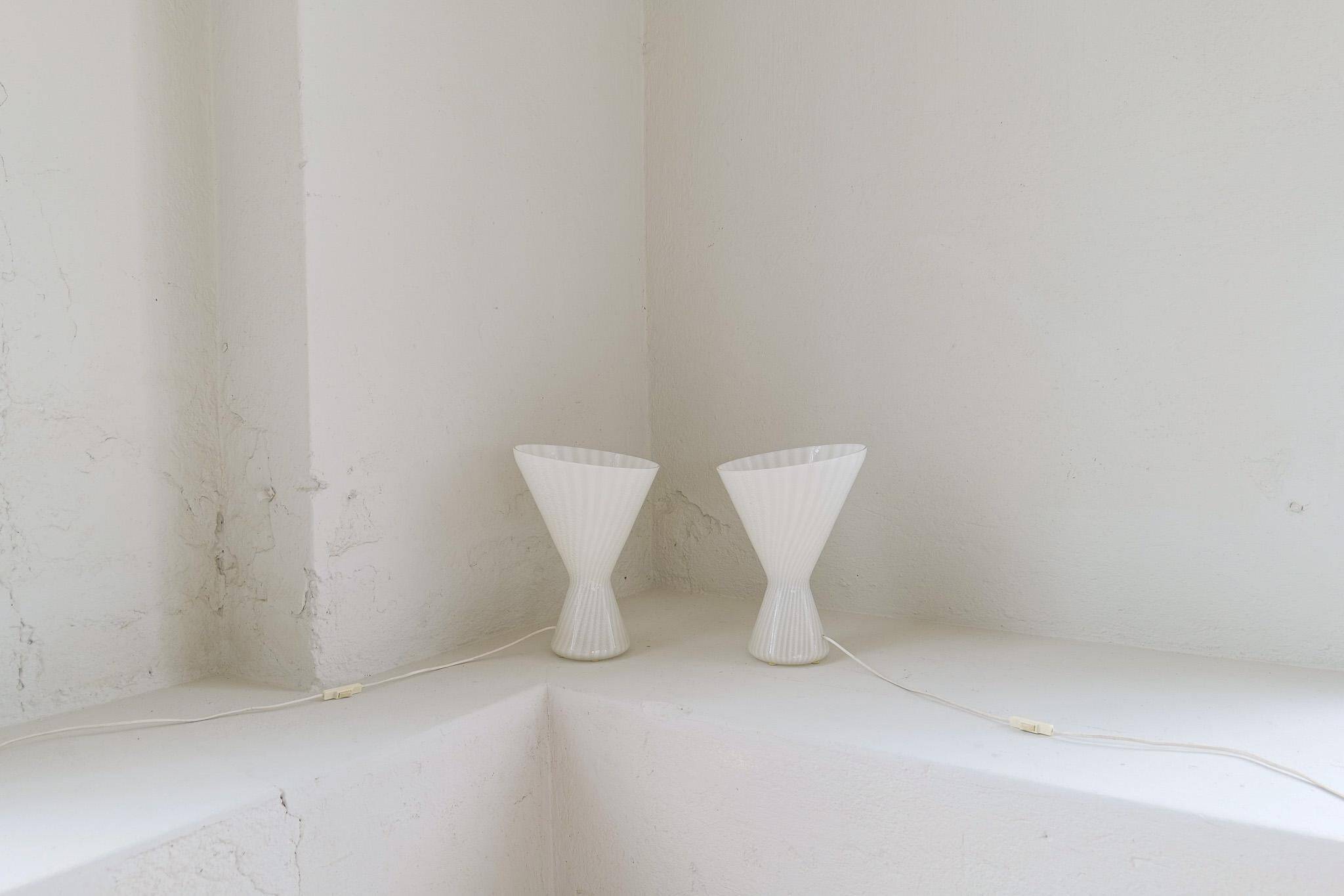 Pair of large classic white Murano table lamps from Italy, 1970s.