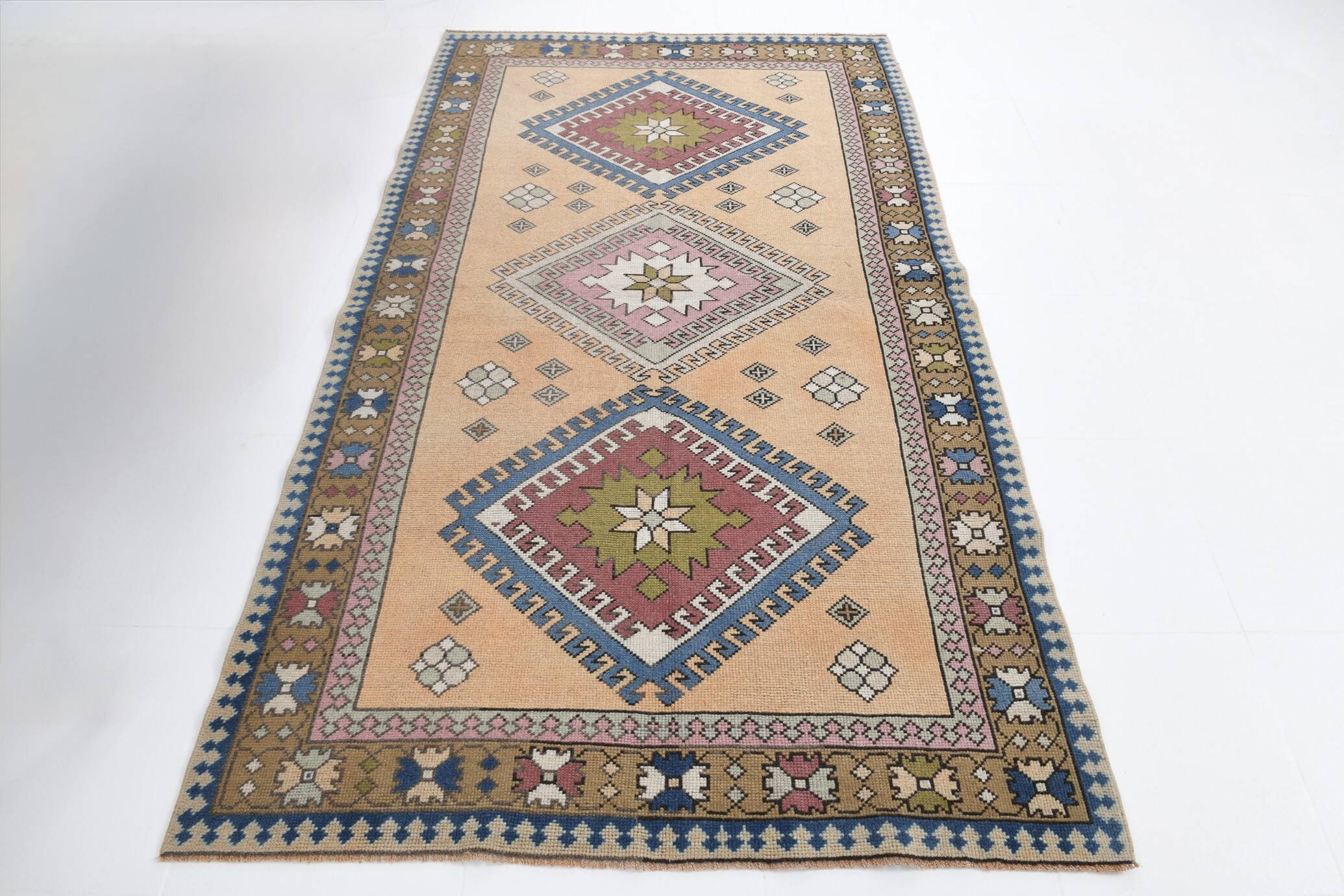 Mustard Pink Oriental Pattern Turkish Rug, 135x232Cm