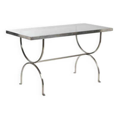 Console en acier brossé et verre fumé Moderniste - 1970