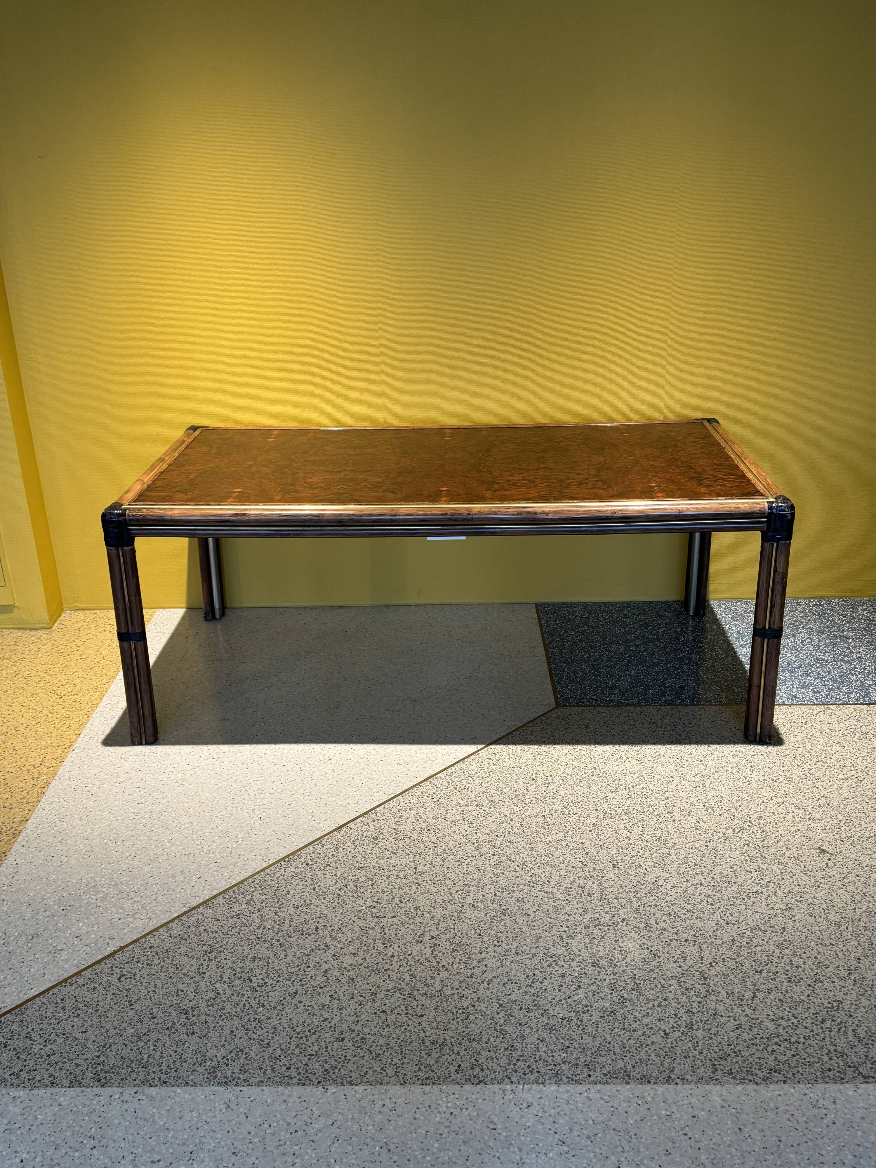 Bamboo And Burlwood Top Dining Table, Italy, 1970's