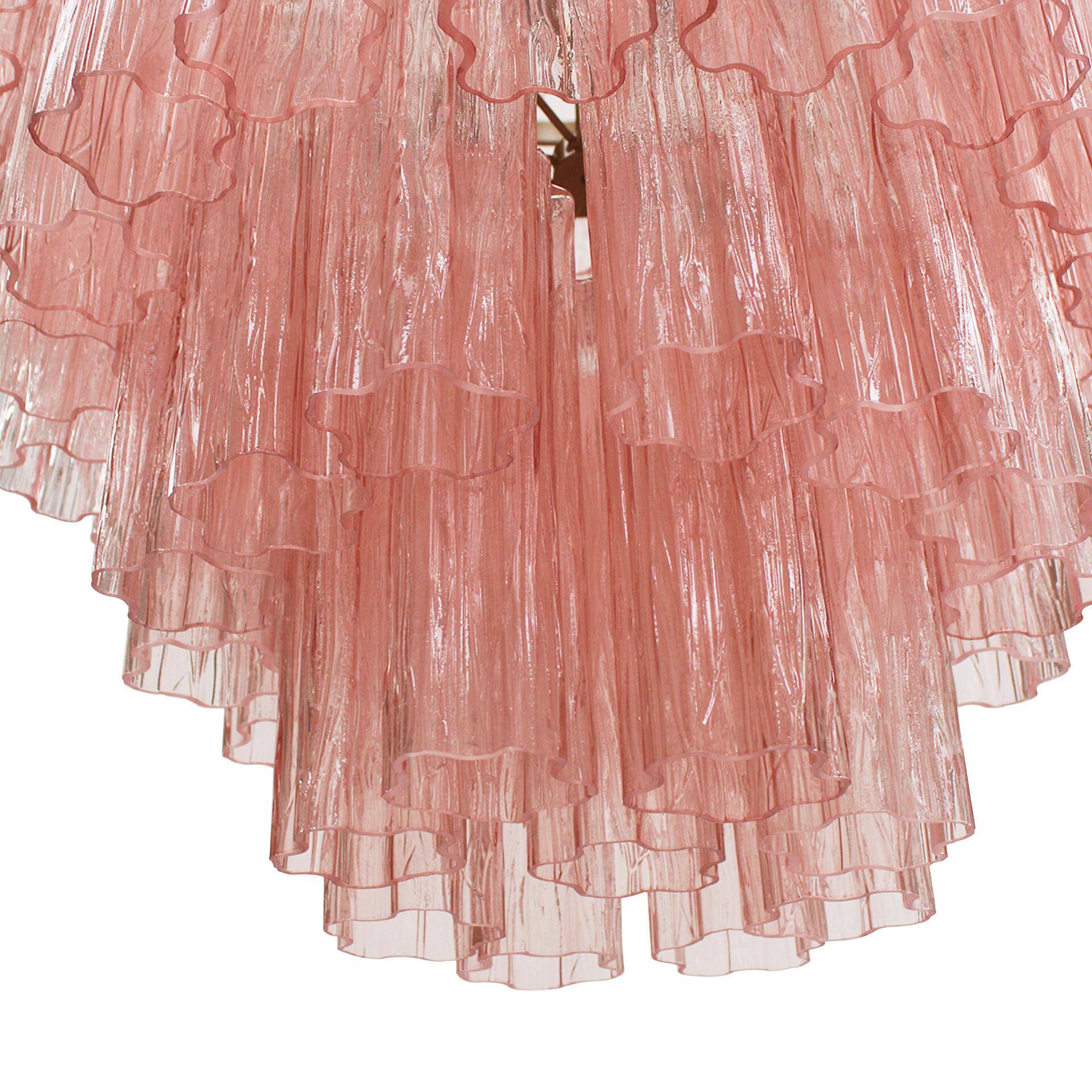 Mid Modern Italian Pink Murano Glass Cascading Suspension Lamp with Brass Frame