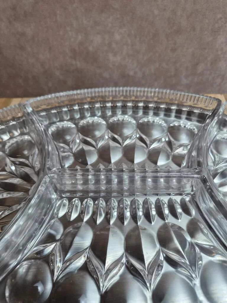 Vintage silver-plated metal tray with a segmented glass aperitif dish.