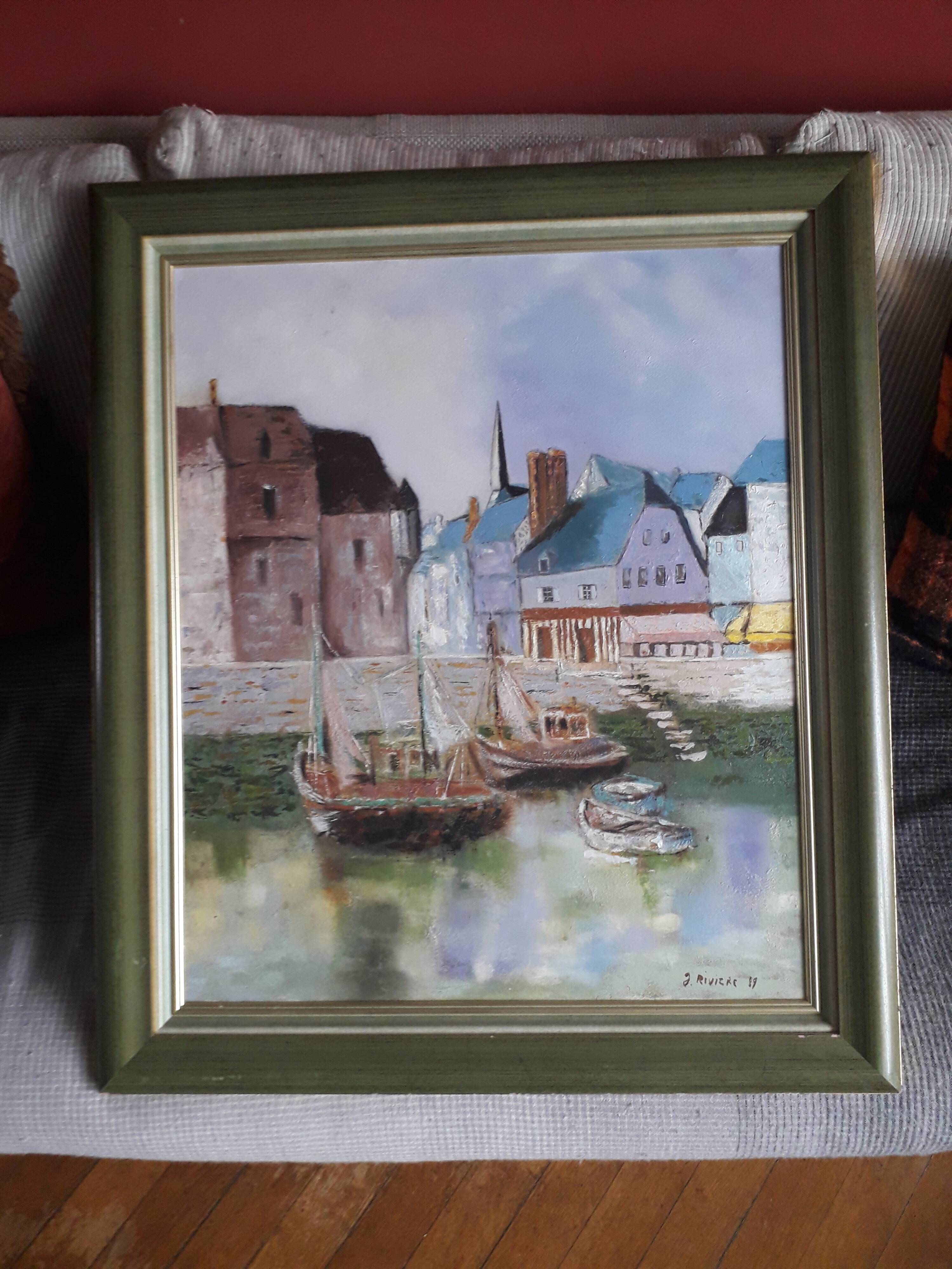 Old oil painting depicting a port