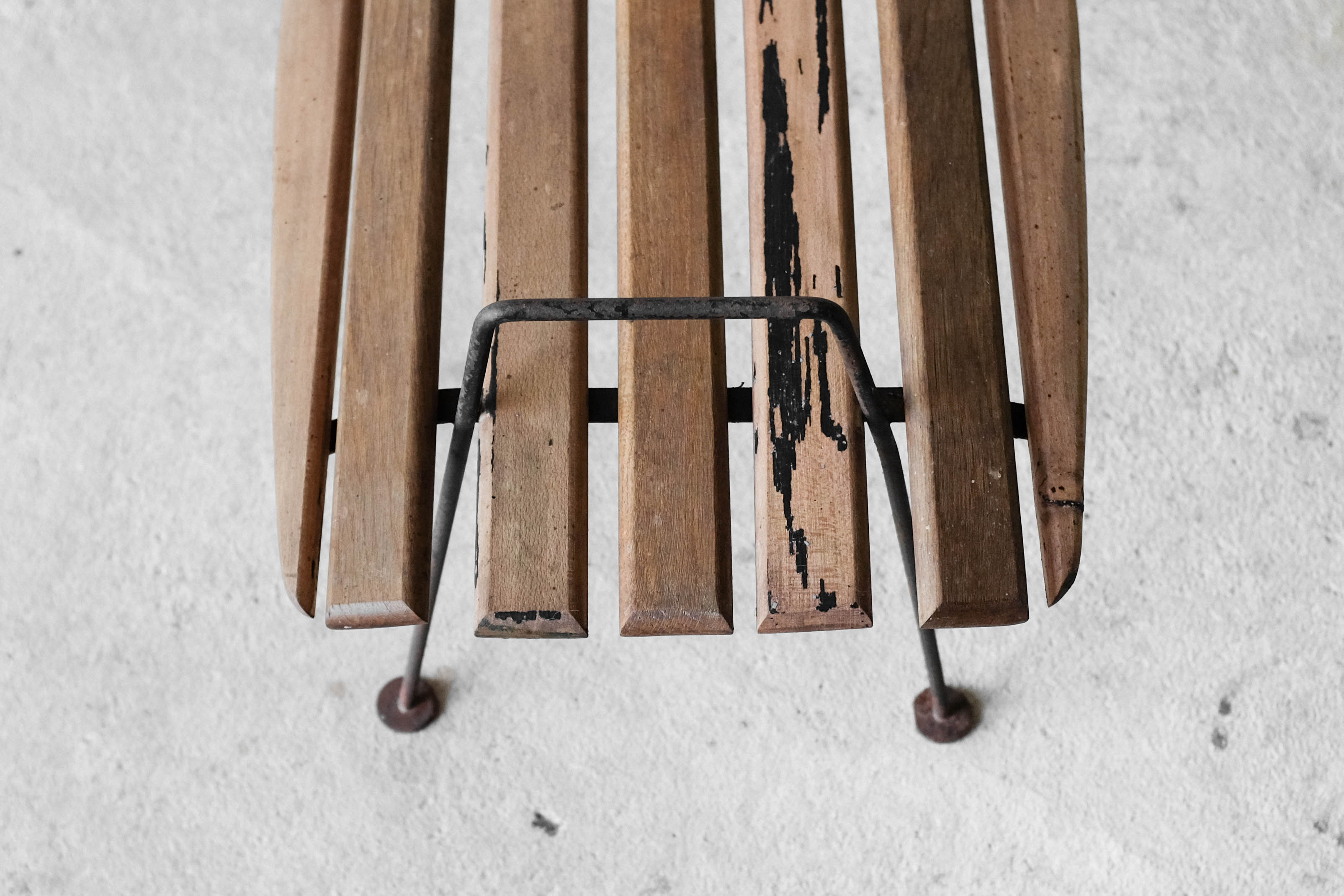 Stool with minimalist wood and metal slats