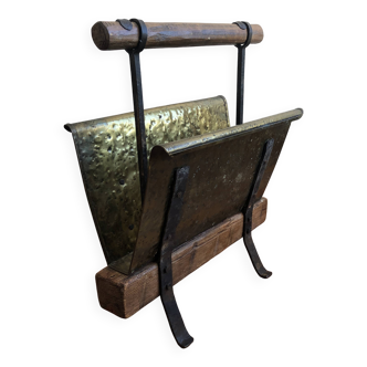 Porte-revue vintage en bois et laiton