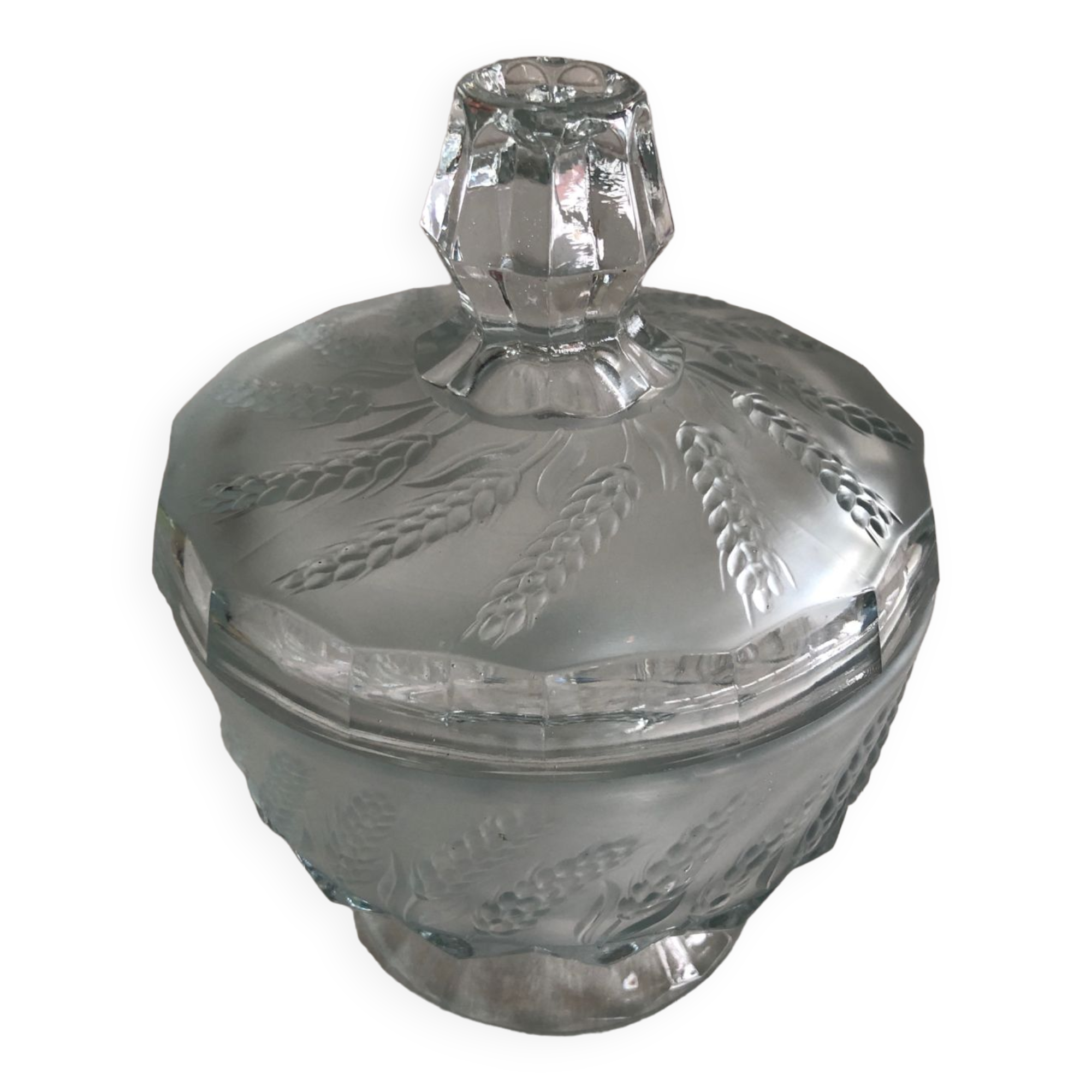 Old candy box in cut and chiseled smoked glass with ART DECO ears of wheat decorations