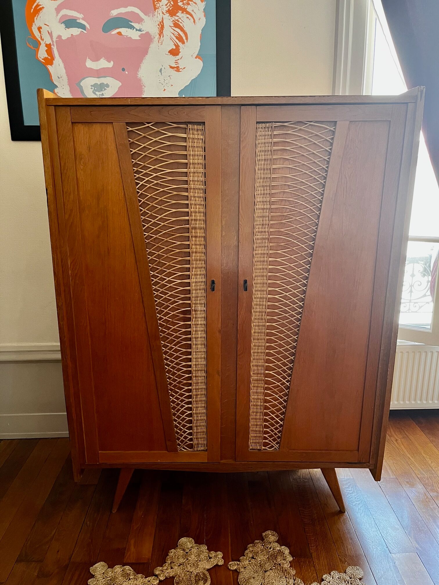 Wood and rattan cabinet 60s