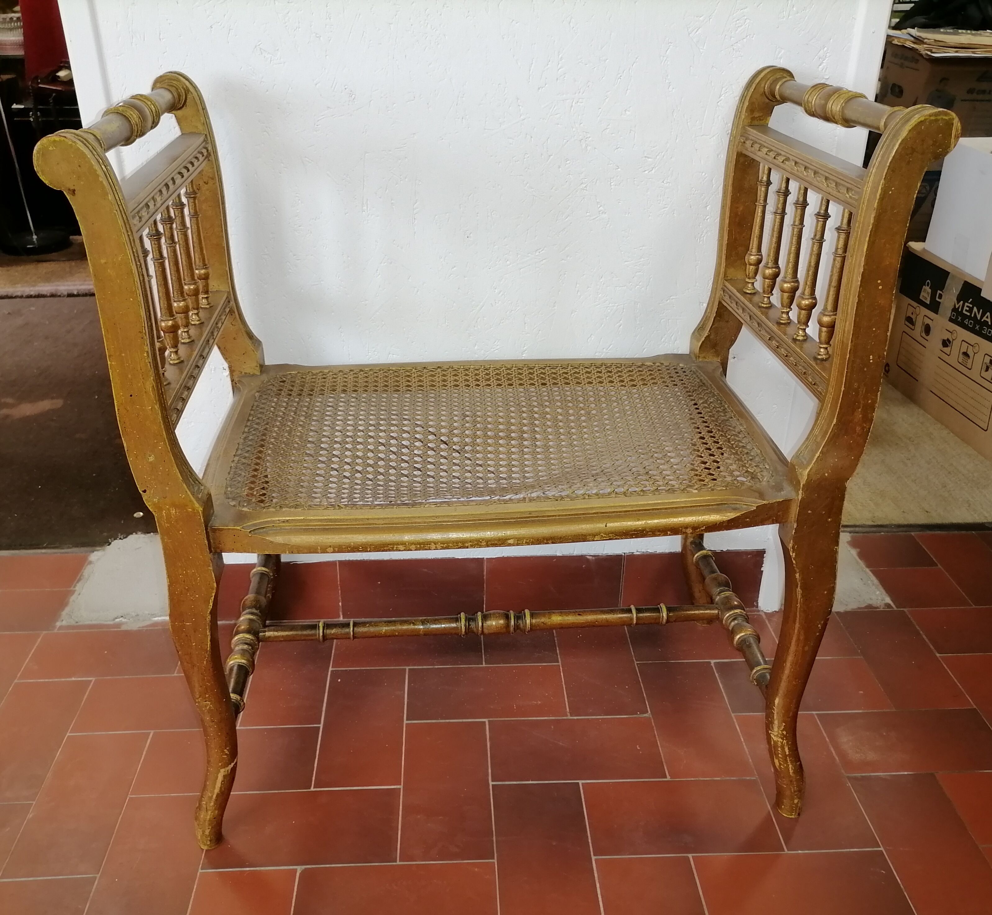 Gilded wood cane bench