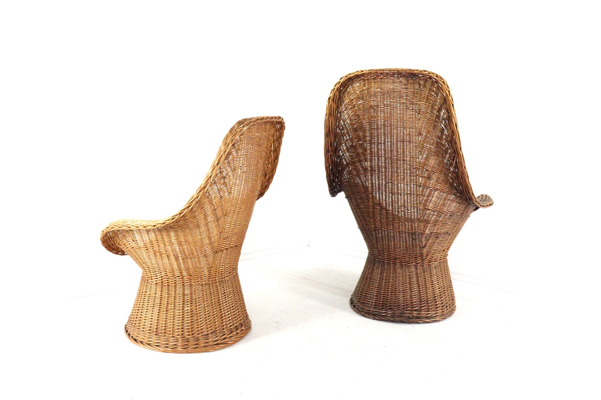 Set of 2 vintage rattan wicker armchairs with white teddy fabric