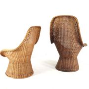 Set of 2 vintage rattan wicker armchairs with white teddy fabric