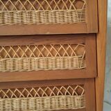 Vintage wooden and rattan chest of drawers in the 60s