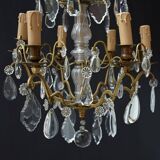 Chic lustre à pampilles bronze doré 6 feux enfilage verre ancien