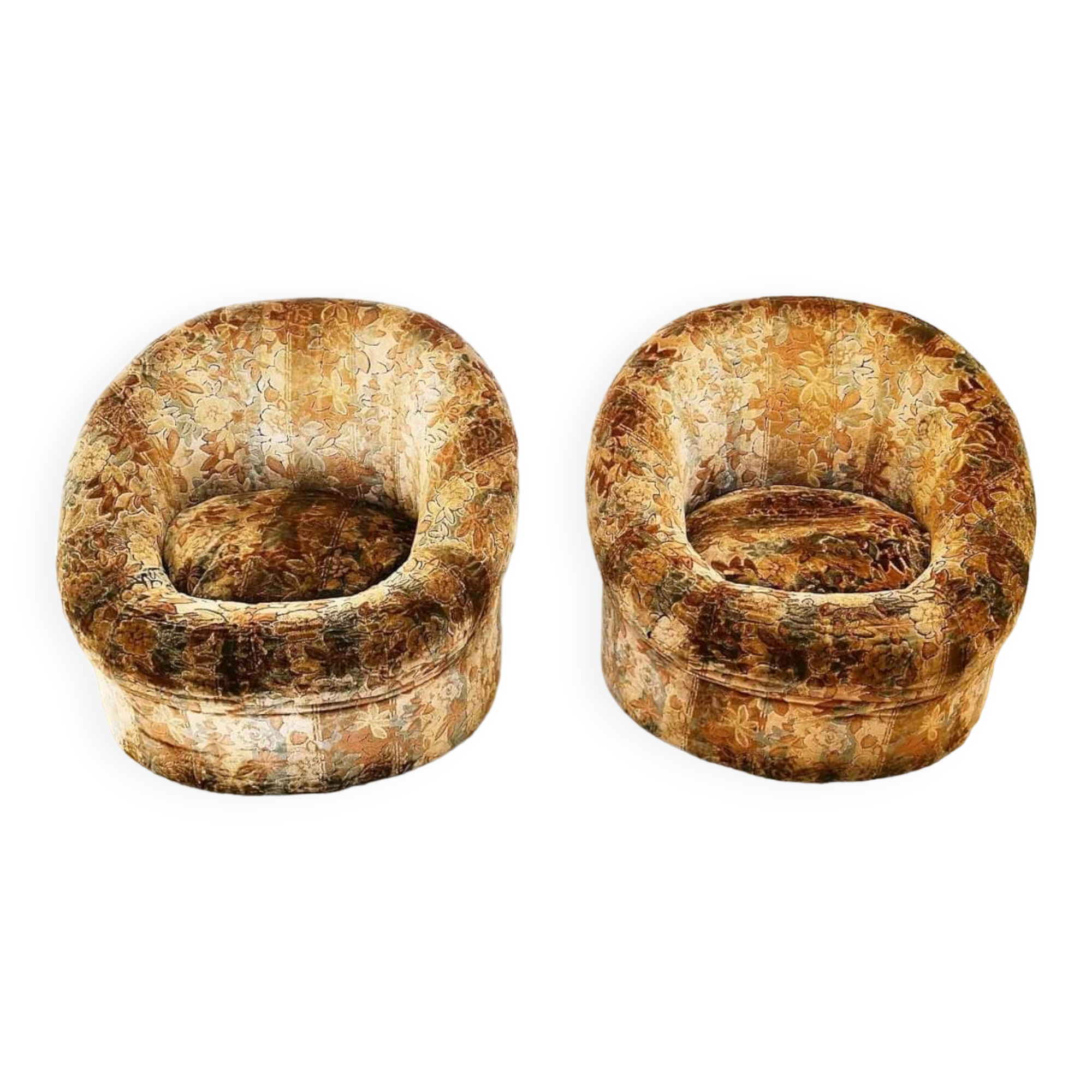 Pair of rounded armchairs in floral velvet