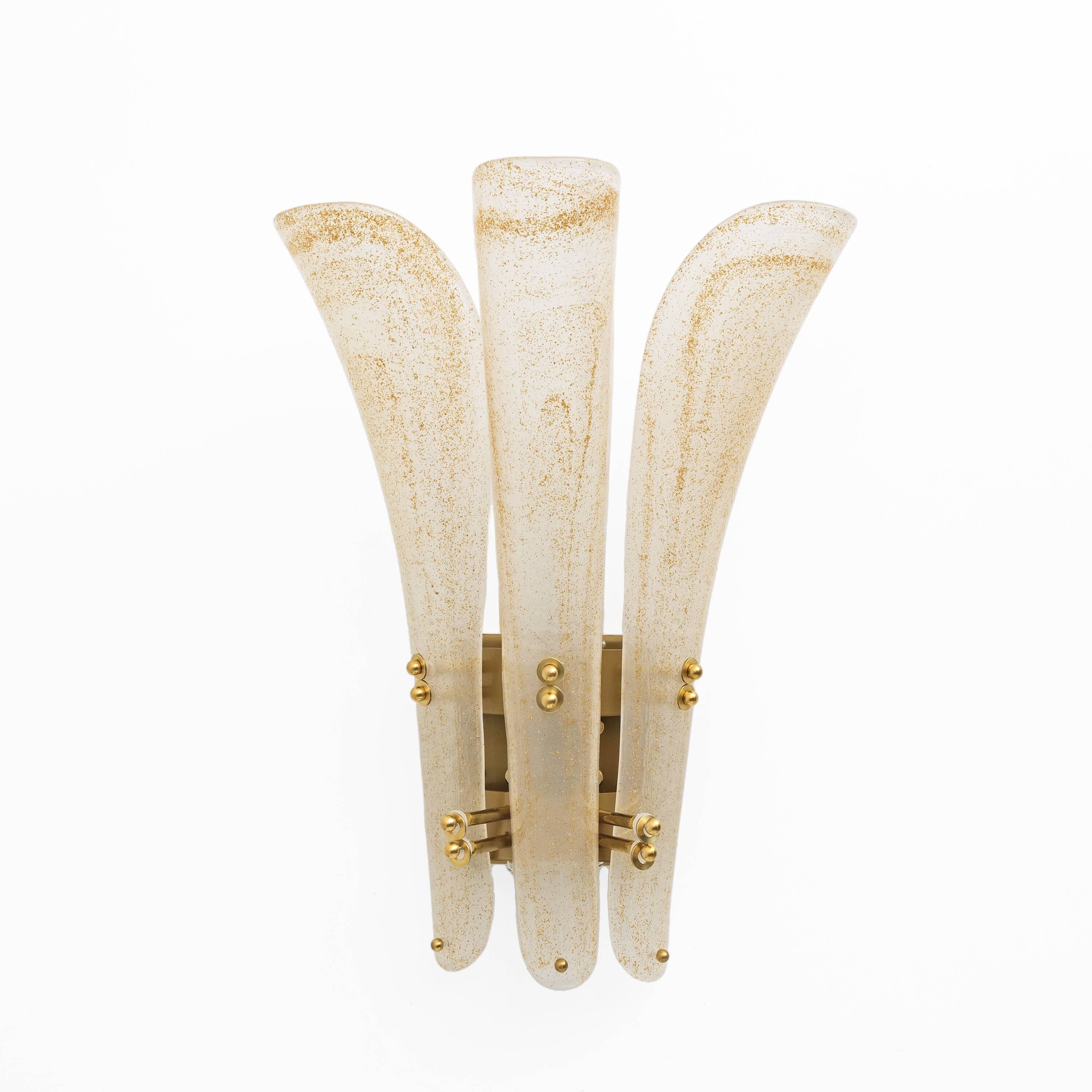 Pair of 20th Century Modern Sconces in Frosted Murano glass and Gold Leaf